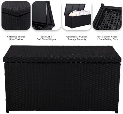 sundale 70 gallon black rattan deck storage box, front angle view