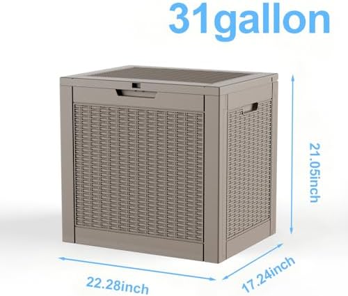 31 gallon deck box, lockable waterproof outdoor storage showing dimensions