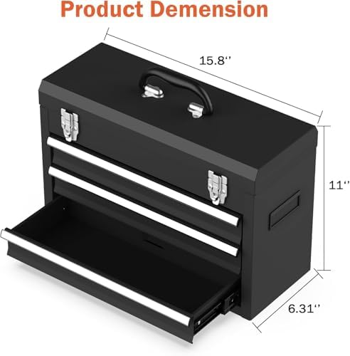 3 drawer metal tool box, heavy duty steel, close-up detail