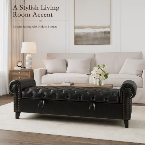 67 inch faux leather storage bench with rolled on a desk or shelf