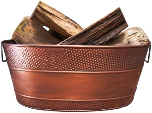 brekx copper galvanized firewood storage bin with handles, front angle view