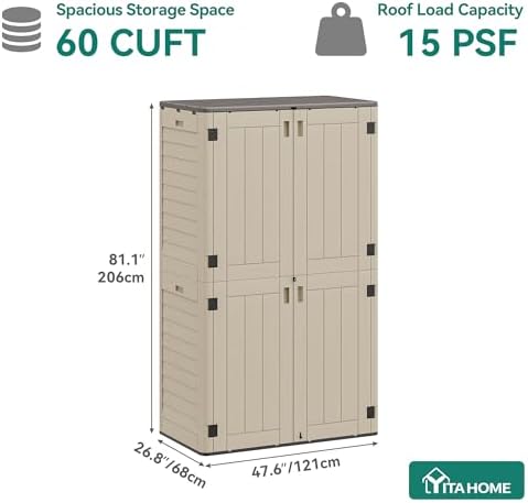 yitahome 60 cuft vertical outdoor storage shed w/o on a desk or shelf