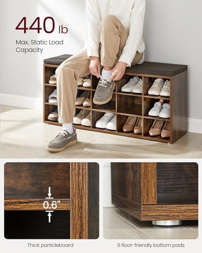 vasagle shoe bench with cushion, 15 compartments, 11.8 showing dimensions