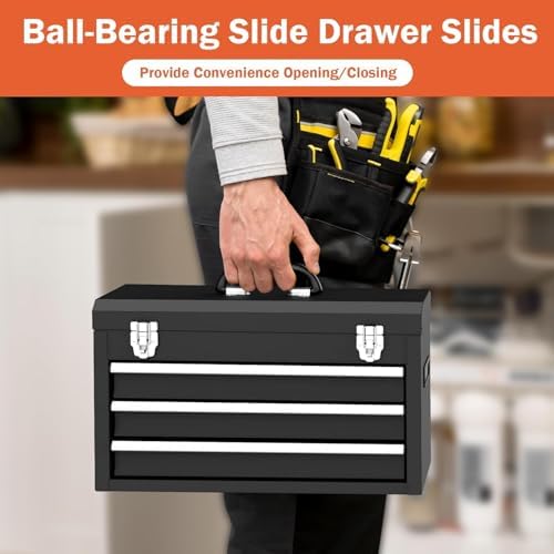 3 drawer metal tool box, heavy duty steel, front angle view