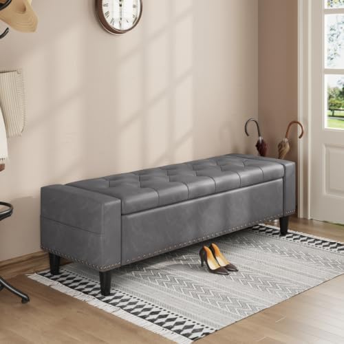60" storage ottoman bench, faux leather upholstered bed, front angle view