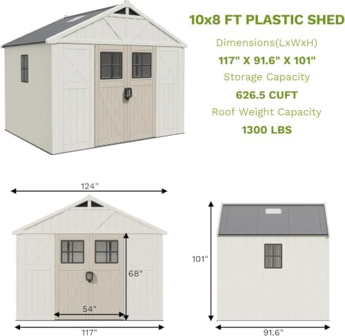 patiowell 10x8 ft resin outdoor storage shed, plastic shown in use