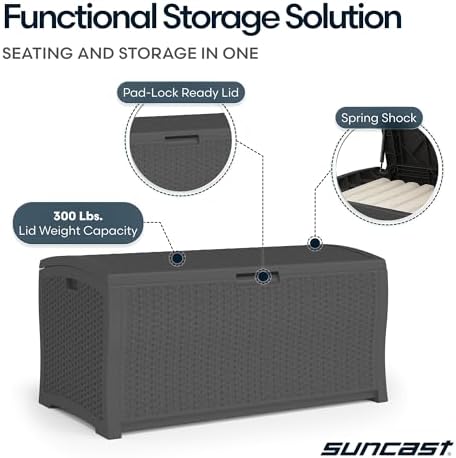 suncast deck box extra large, 122 gallon outdoor showing dimensions