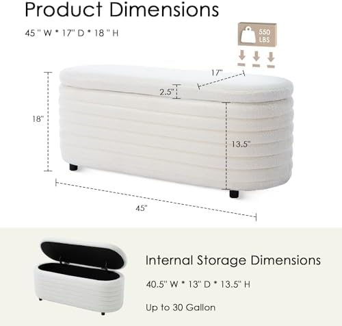 45.5" modern storage ottoman bench, white sherpa shown in use