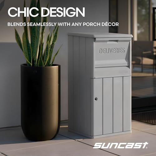 suncast 33.5-gallon capacity package delivery box, parcel drop, package contents