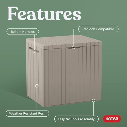 keter city 30 gal outdoor storage box and, side view