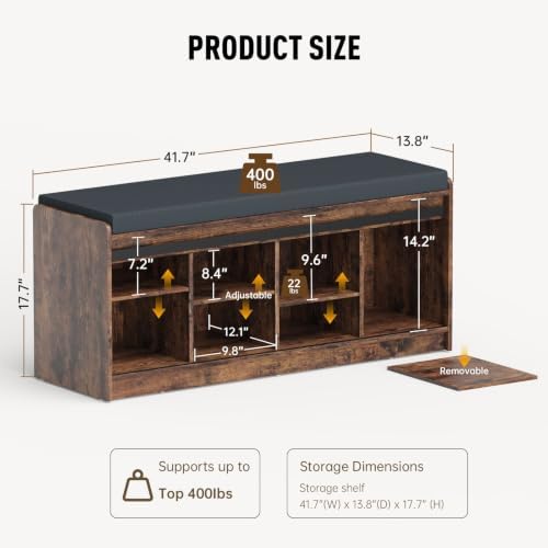 42" farmhouse shoe storage bench with seating cushion,for shown in use