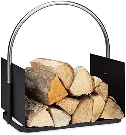 relaxdays firewood basket for fireplace, metal, nickel-plated handle, main product view