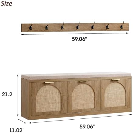rattan narrow entryway bench with shoe storage, 3 shown in use