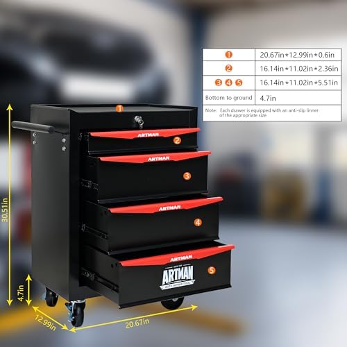 4-drawer rolling tool chest, lockable for garage,black, view 9