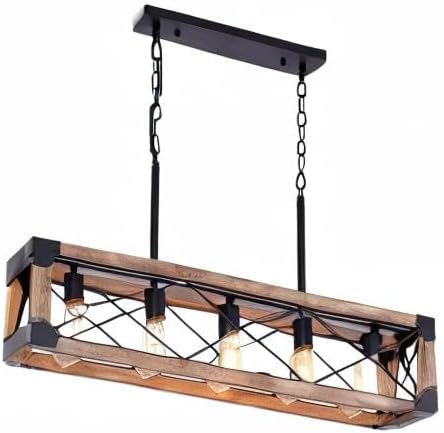 Kitchen Island Lighting, 33.5-Inch 5 Lights Farmhouse Linear Chandelier for Dining Room Pool Table Pendant Light Fixture, Rustic Wood Grain Finish, Industrial Pendant Light