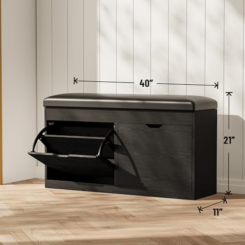 40" shoe storage bench with flip drawers padded shown in use