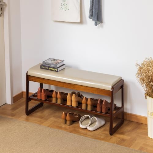 latifolia 2 tier shoe rack bench with flip-top shown in use
