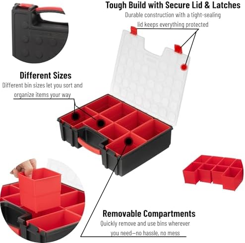 intertool hardware organizer with 8 deep removable bins shown in use