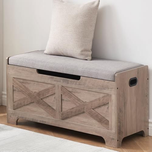 garveehome 39.4 in storage chest, wooden storage bench showing dimensions