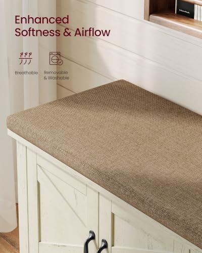 vasagle shoe bench, farmhouse entryway bench with cushion showing dimensions