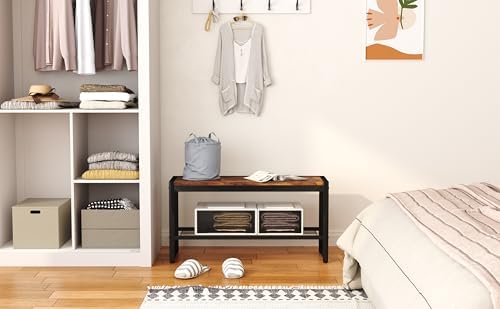 homefort shoe bench, modern industrial shoe storage bench shown in use