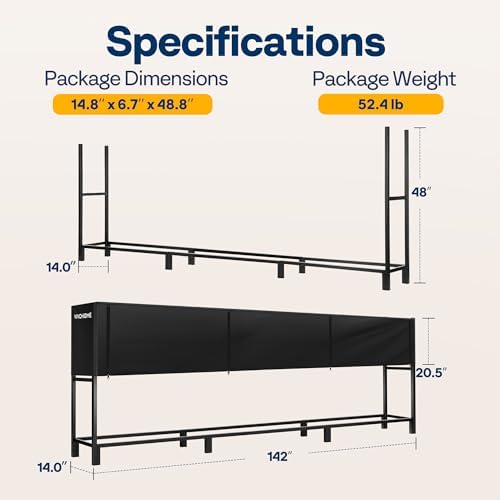 vivohome upgraded heavy duty 12 ft firewood rack showing dimensions