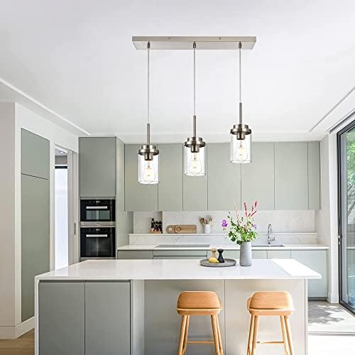 MELUCEE Kitchen Pendant Lighting Over Island 3 Light Brushed Nickel Finish | Linear Chandelier Dining Room Light Fixtures Ceiling Hanging Lamp with Clear Glass Shade, 20.5 Inches Length