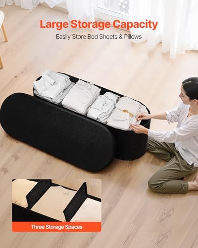 vevor oval storage ottoman bench, foldable teddy fleece, side view