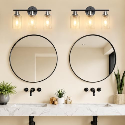 Modern Bathroom Light Fixtures, 3 Light Vanity Lights, Black and Brushed Nickel Wall Lamp with Clear Glass for Bathroom, Mirror, Living Room, Bedroom, Hallway, E26 Base