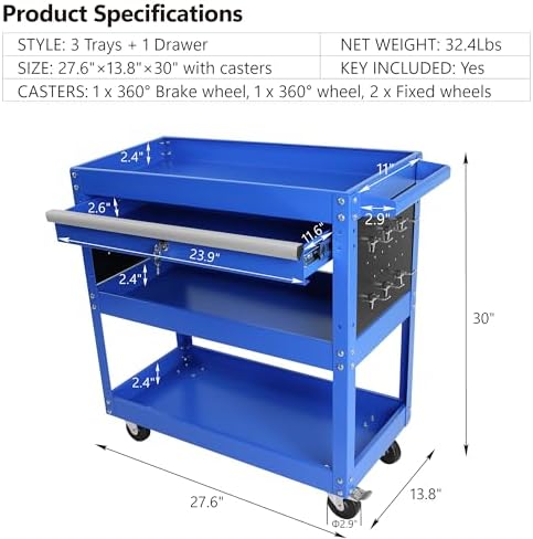 tool chest with wheels, 3-tier rolling tool box, close-up detail