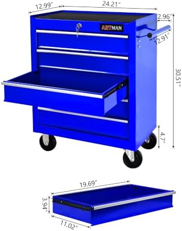 5 drawers rolling tool chest on wheels, multifunctional, close-up detail