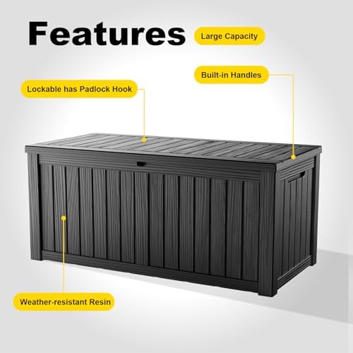 180 gallon resin deck box, outdoor storage box, side view