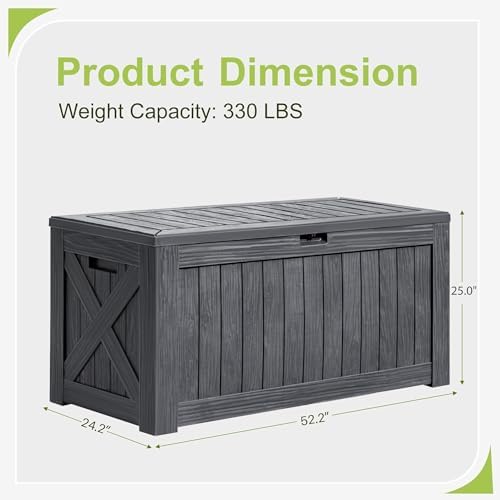 greesum 120 gallon deck box, resin outdoor storage on a desk or shelf