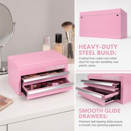 kitluck mini metal tool box, 2-drawer top chest, close-up detail