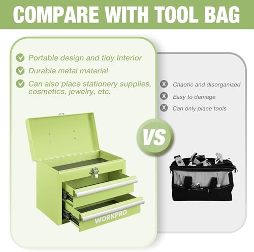 workpro portable mini metal tool box with 2 showing dimensions