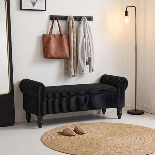 55" corduroy storage ottoman bench, queen bed, black, front angle view