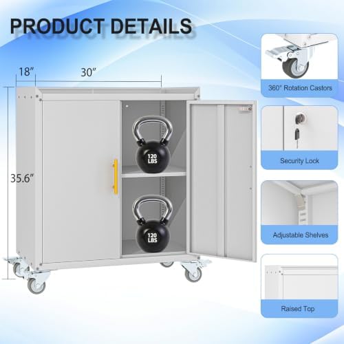 35.6" rolling metal garage storage cabinet with wheels, close-up detail