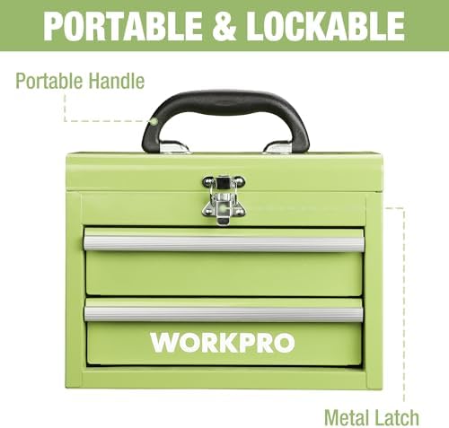 workpro portable mini metal tool box with 2, close-up detail