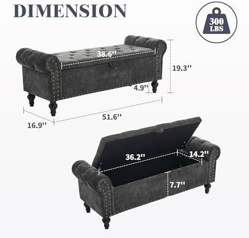 51" storage bench for bedroom, upholstered ottoman bench, close-up detail