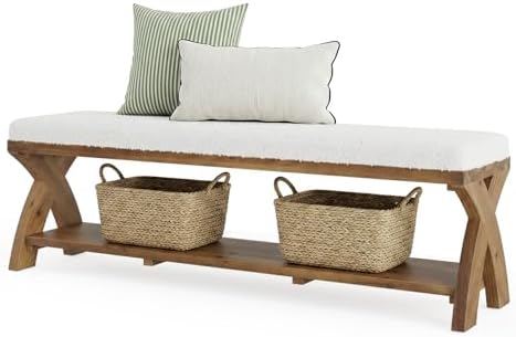 solid wood shoe bench with cushion padded seat, front angle view