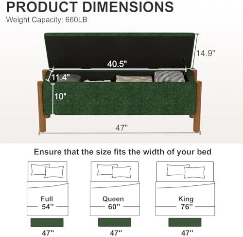 47" storage ottoman bench, boucle upholstered end of shown in use