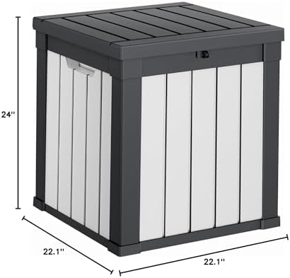 patiozen 50 gallon resin deck box, lockable patio on a desk or shelf