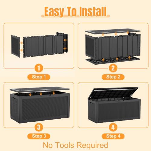 outdoor storage box, 160 gallon waterproof resin deck on a desk or shelf