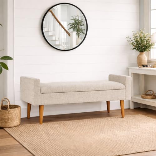 homepop fulton 48" storage bench - textured cream, side view