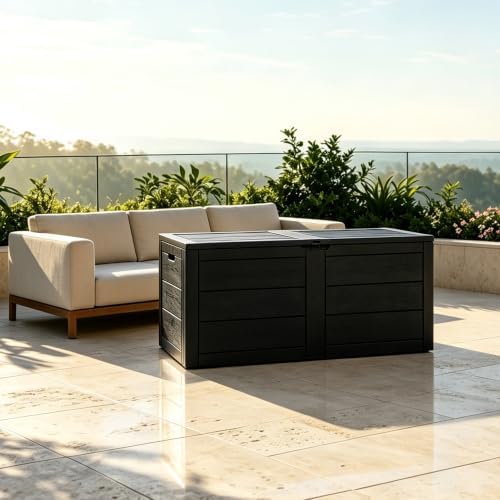 70 gal outdoor storage box, waterproof deck box, front angle view
