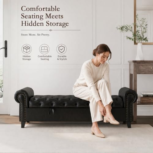 67 inch faux leather storage bench with rolled showing dimensions