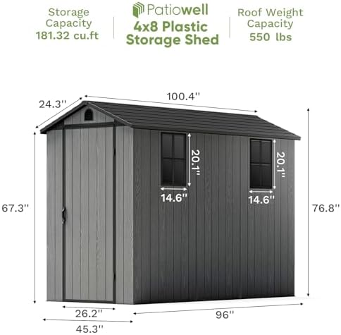 patiowell 4x8 ft plastic outdoor storage shed with shown in use