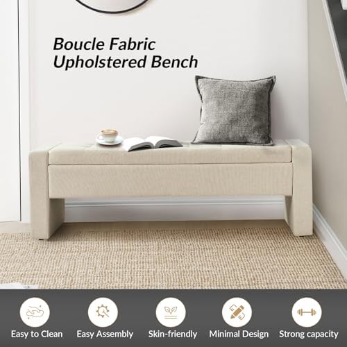 55" modern upholstered storage bench with tufted seat showing dimensions