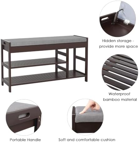 2-tier shoe rack bench with flip-top storage, 36" showing dimensions