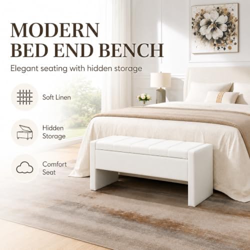 47.25 inch storage ottoman bench, linen upholstered, white, package contents